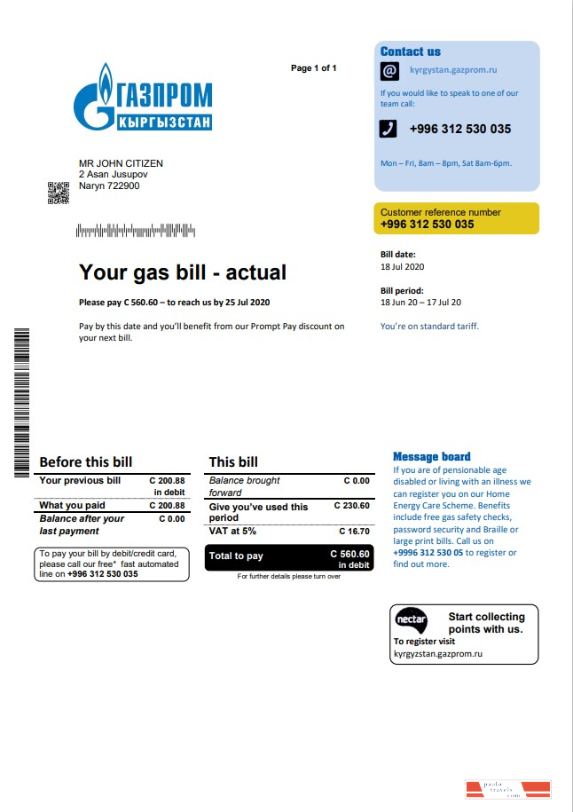 Kyrgyzstan Gazprom utility bill template in Word and PDF format